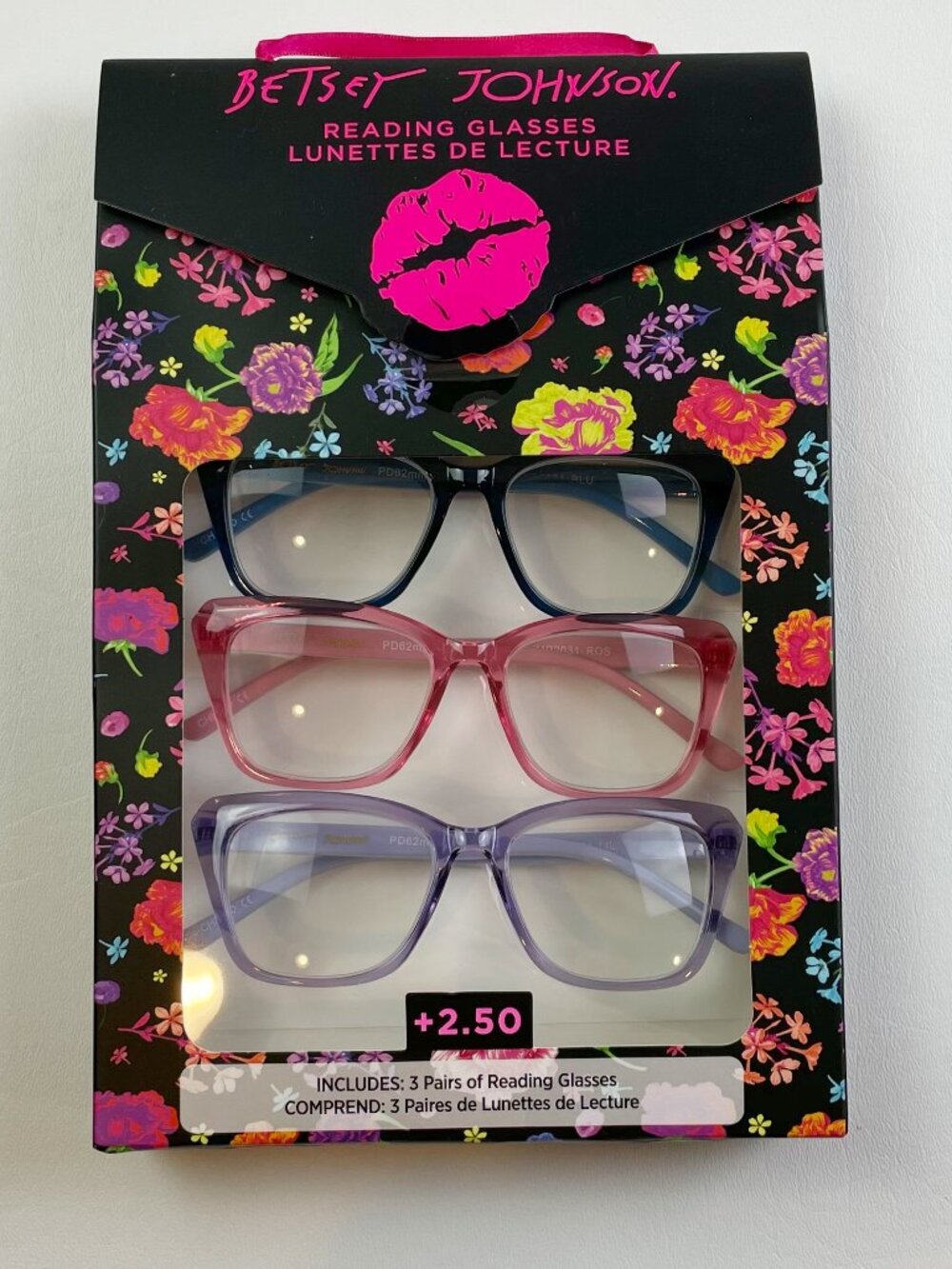 Betsey Johnson 3 Pack Reading Glasses +2.50 Blue Pink Purple New